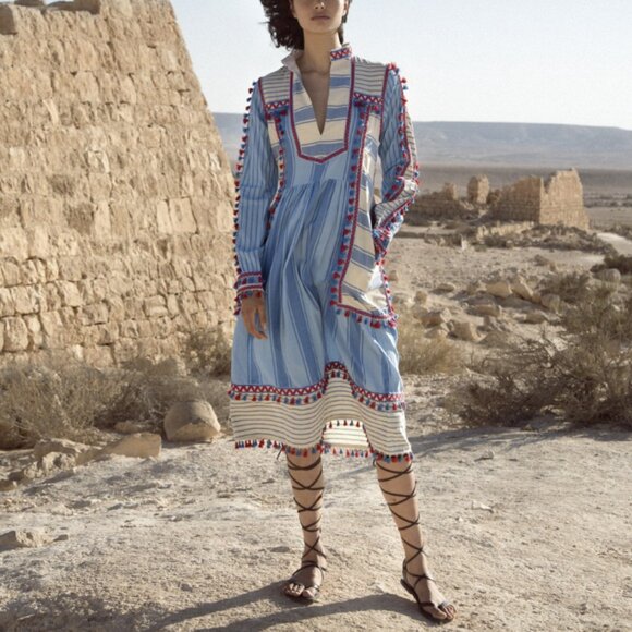 Dodo Bar Or Embroidered Stripe Midi Dress Tassel Fringe Pink Cotton Size Medium - Picture 2 of 14